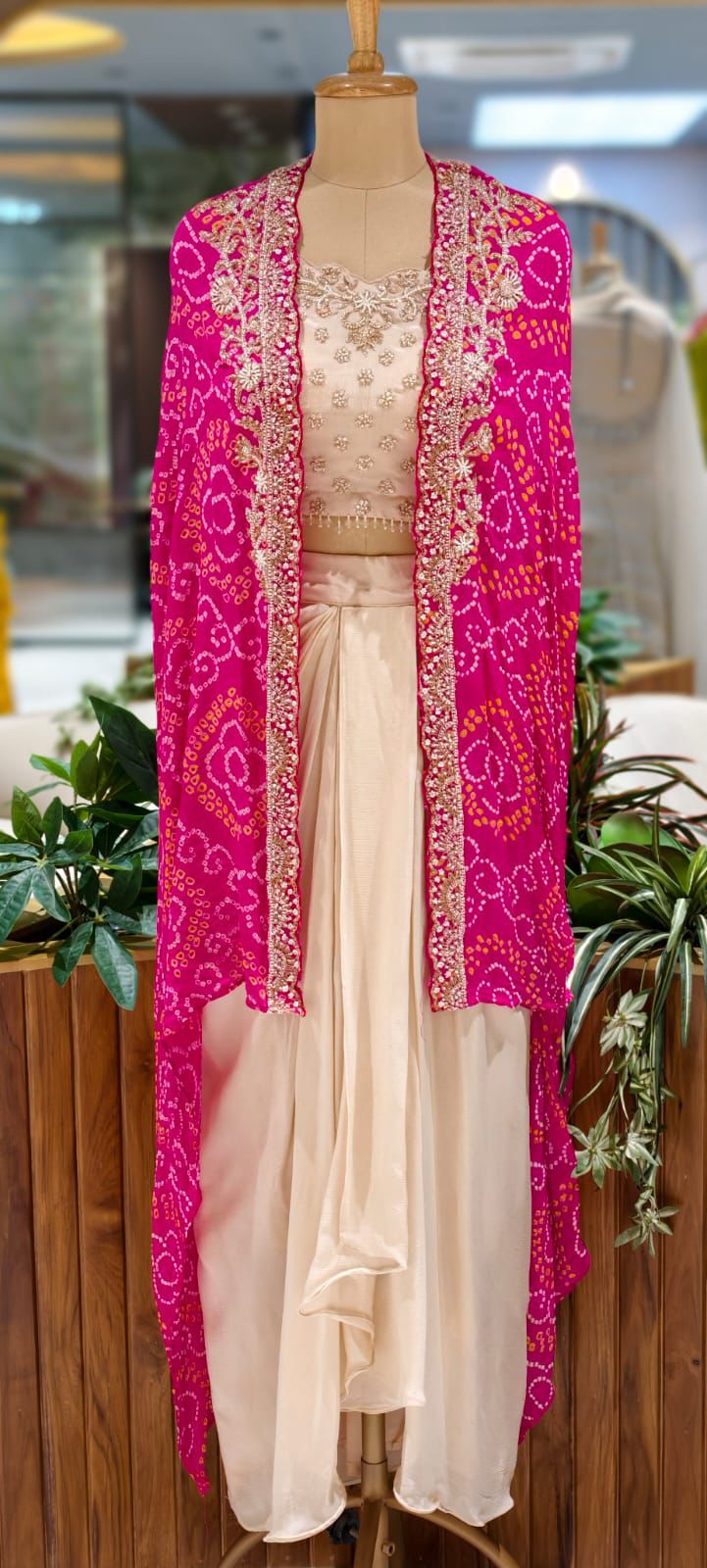 Rich Handwork Tasseled Crop-Top With Drape Skirt & Bandhani Print Vibrant Shrug- 12791