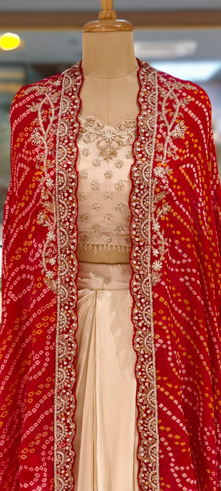 Rich Handwork Tasseled Crop-Top With Drape Skirt & Bandhani Print Vibrant Shrug- 12791