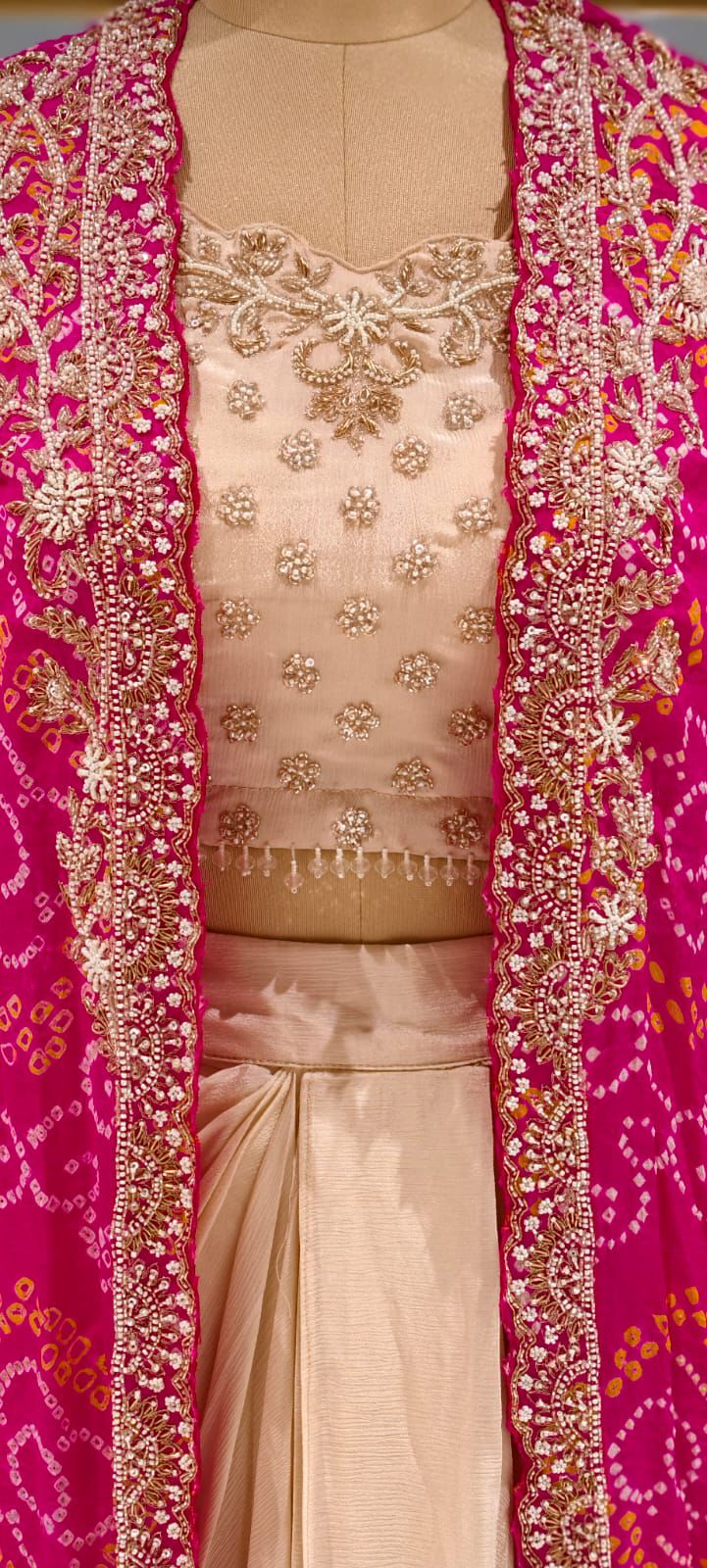 Rich Handwork Tasseled Crop-Top With Drape Skirt & Bandhani Print Vibrant Shrug- 12791