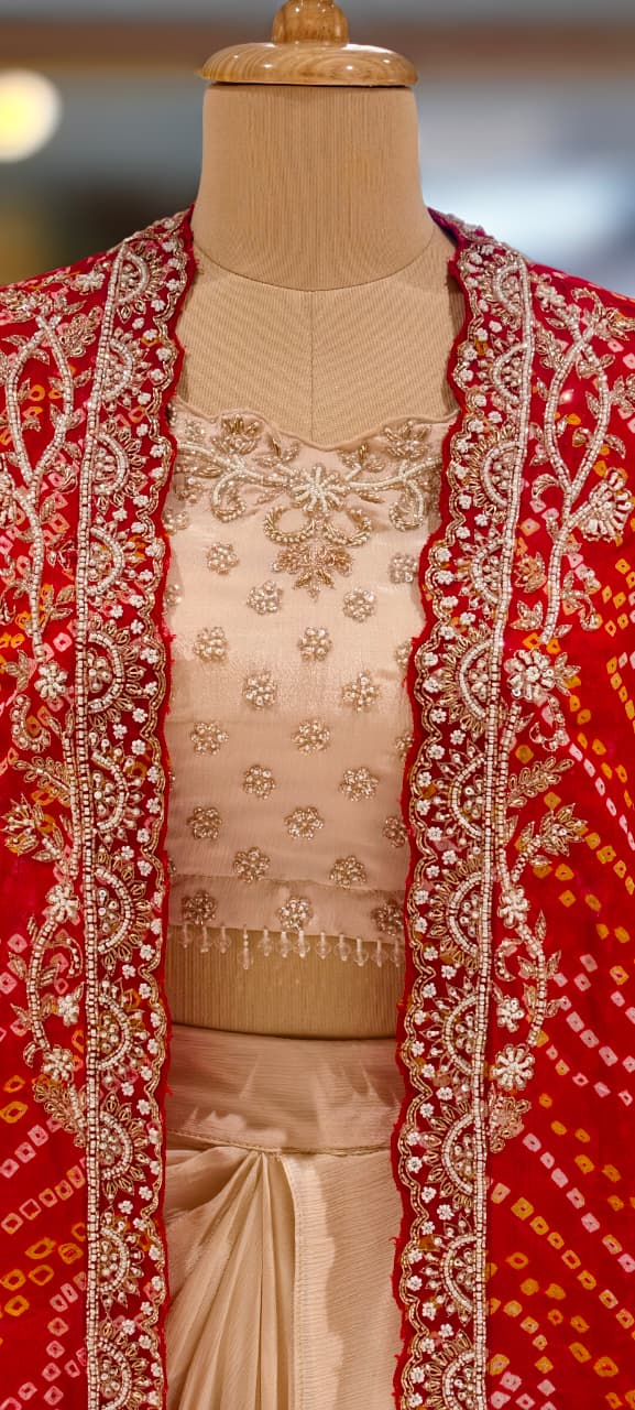 Rich Handwork Tasseled Crop-Top With Drape Skirt & Bandhani Print Vibrant Shrug- 12791