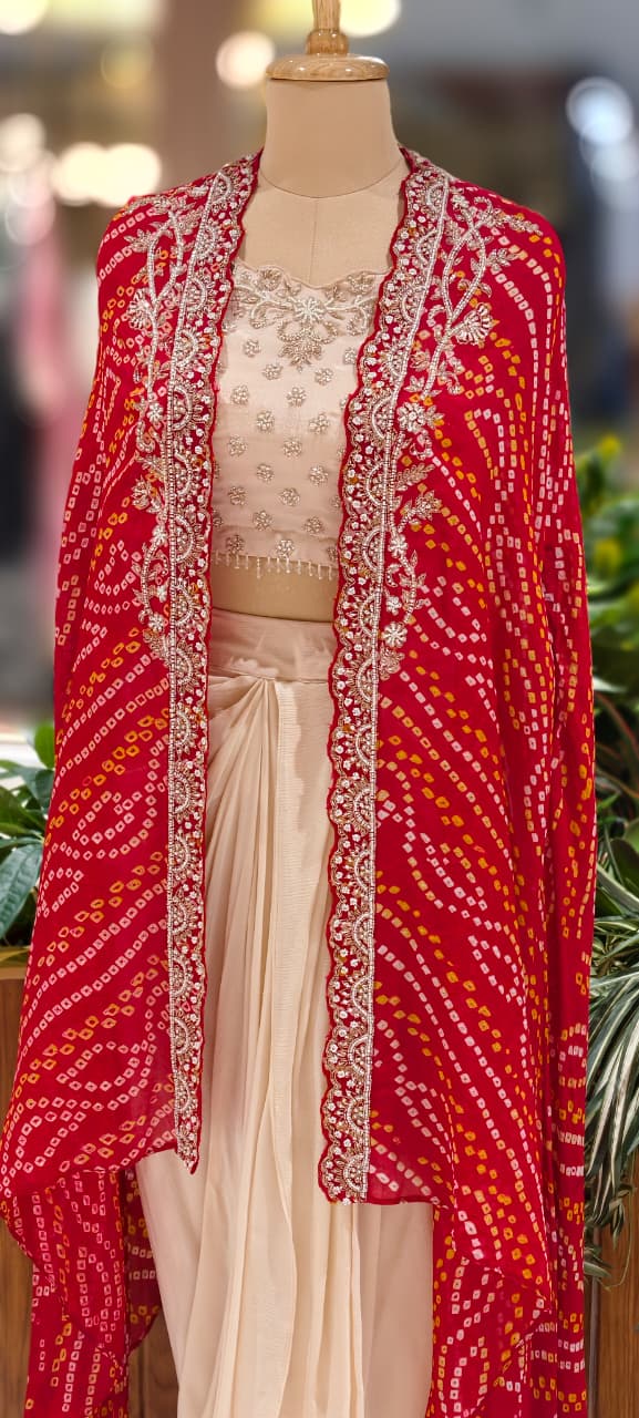 Rich Handwork Tasseled Crop-Top With Drape Skirt & Bandhani Print Vibrant Shrug- 12791