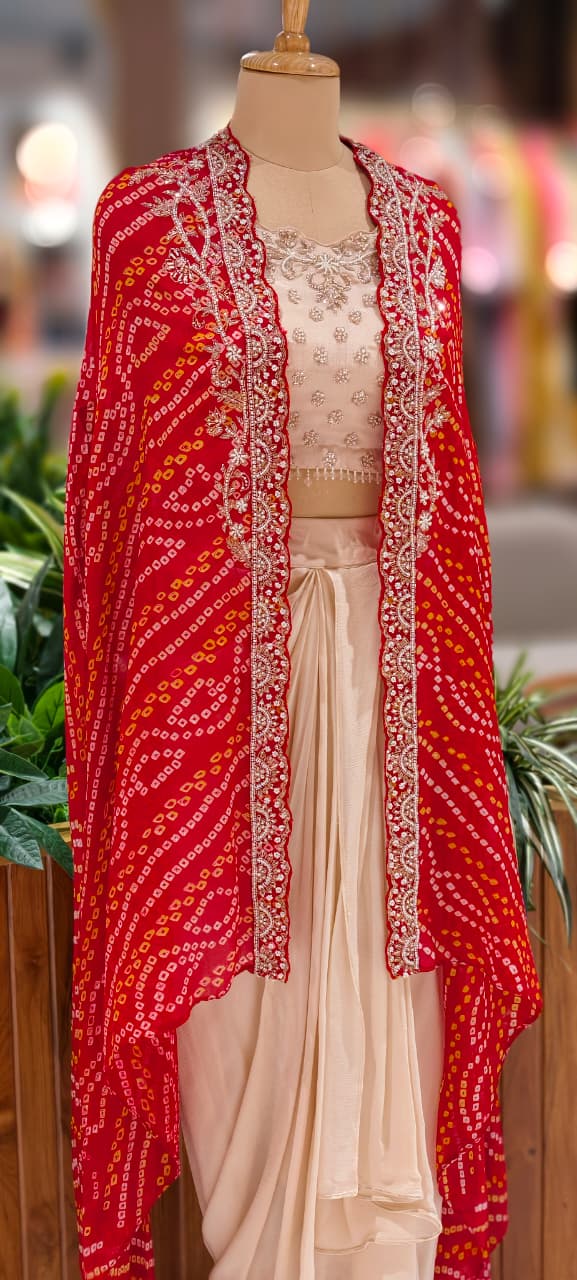 Rich Handwork Tasseled Crop-Top With Drape Skirt & Bandhani Print Vibrant Shrug- 12791