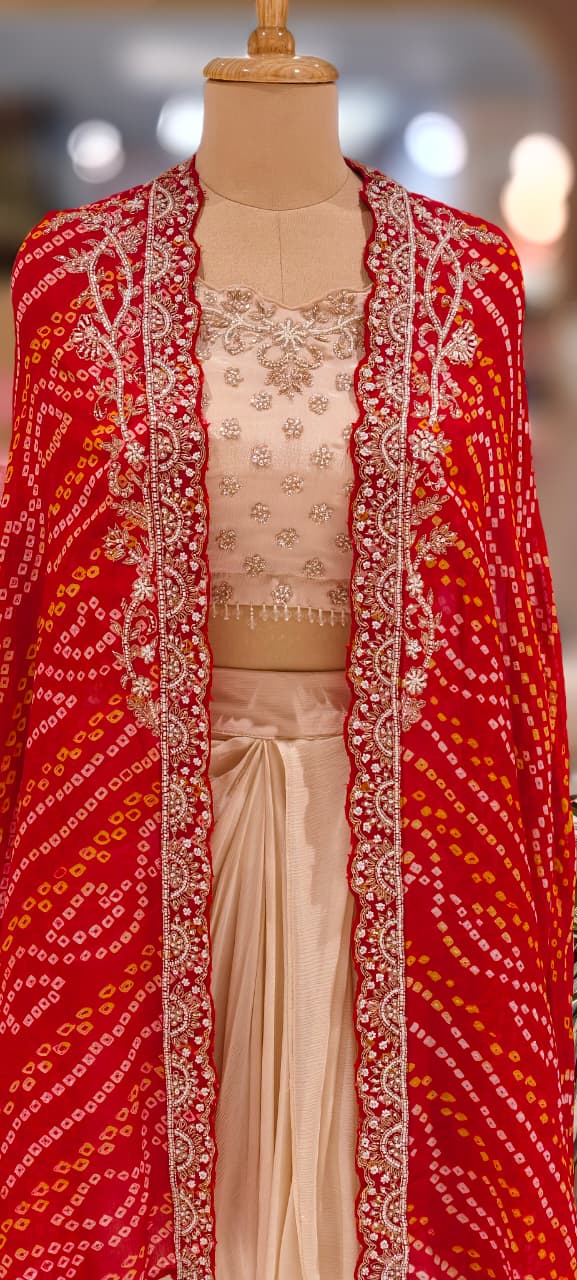 Rich Handwork Tasseled Crop-Top With Drape Skirt & Bandhani Print Vibrant Shrug- 12791