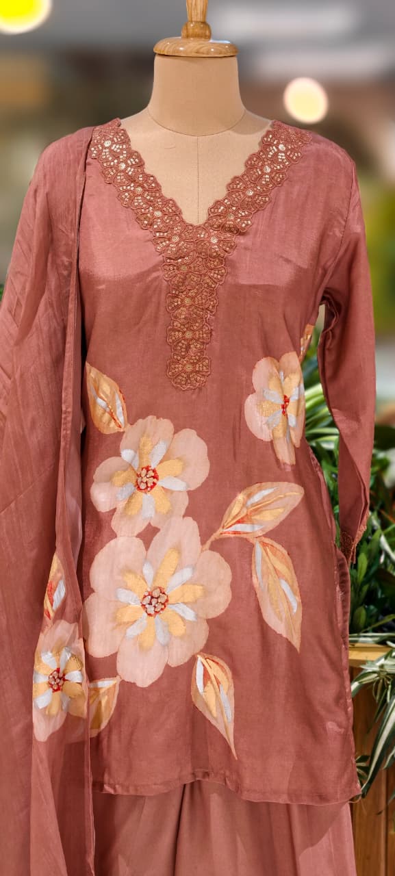 Floral Patch With Cut-Work Neck Line Full Suit Set With Dupatta & Farsi Shalwar-13231(Loose Fit)