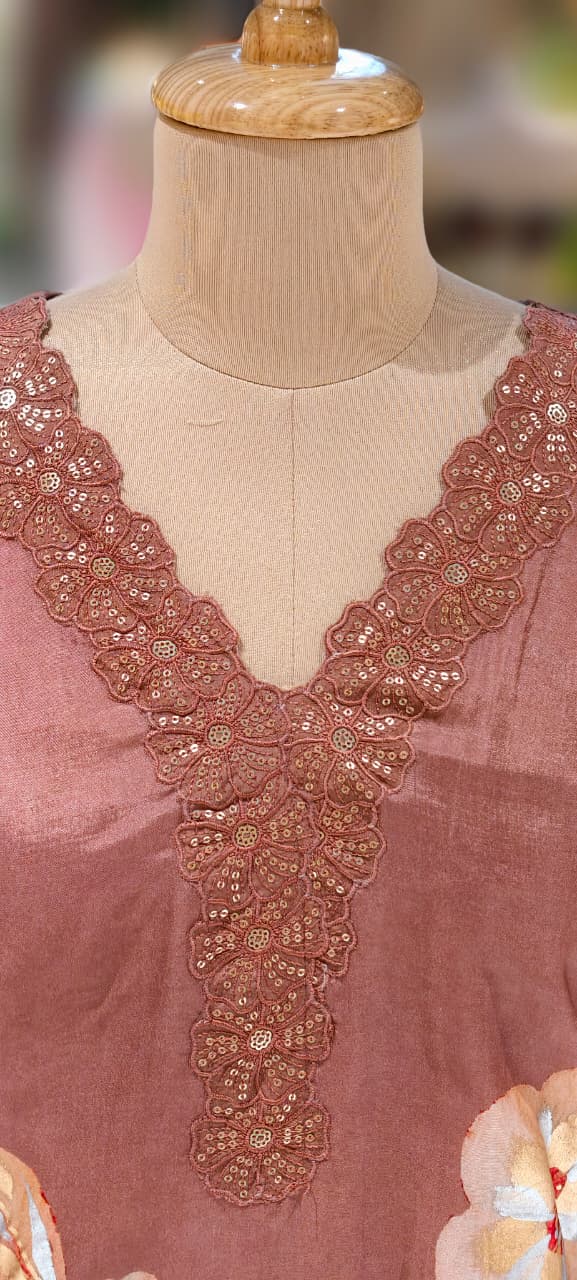 Floral Patch With Cut-Work Neck Line Full Suit Set With Dupatta & Farsi Shalwar-13231(Loose Fit)
