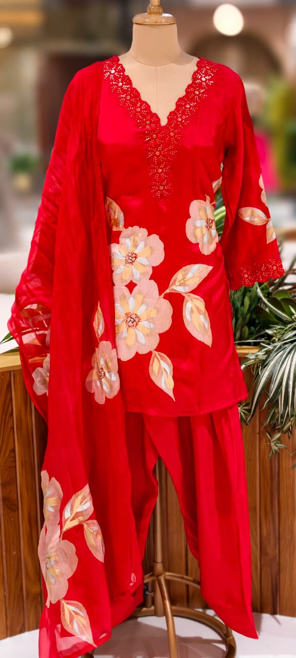 Floral Patch With Cut-Work Neck Line Full Suit Set With Dupatta & Farsi Shalwar-13231(Loose Fit)