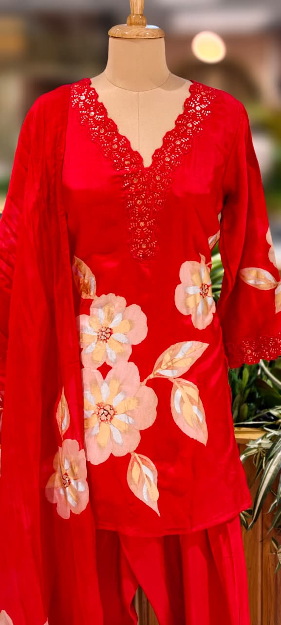 Floral Patch With Cut-Work Neck Line Full Suit Set With Dupatta & Farsi Shalwar-13231(Loose Fit)