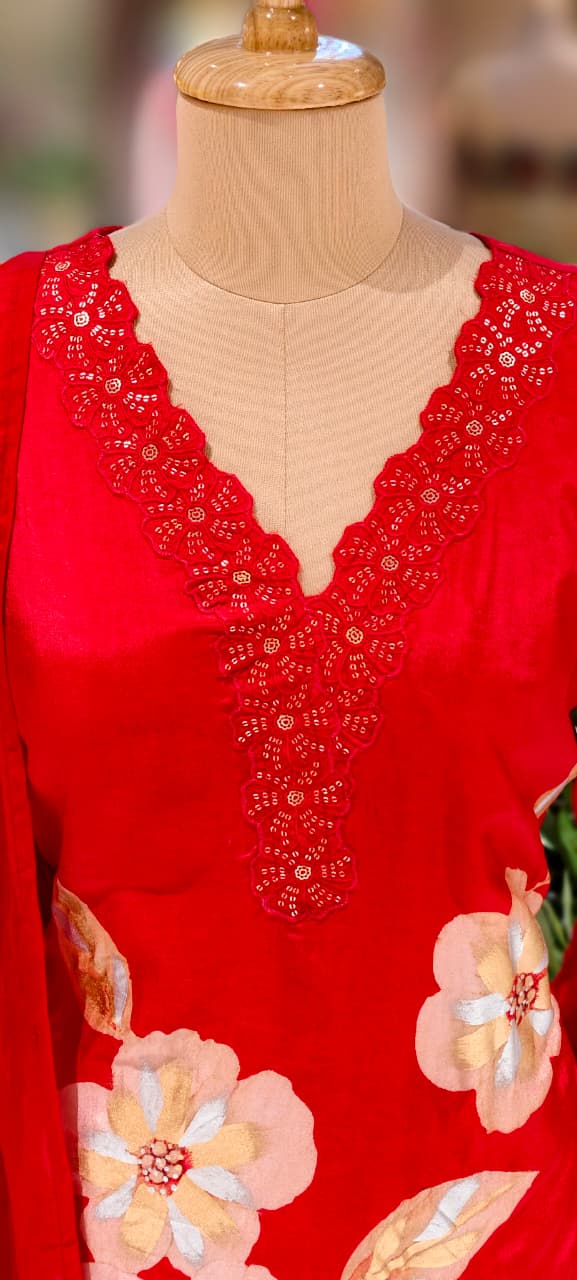 Floral Patch With Cut-Work Neck Line Full Suit Set With Dupatta & Farsi Shalwar-13231(Loose Fit)
