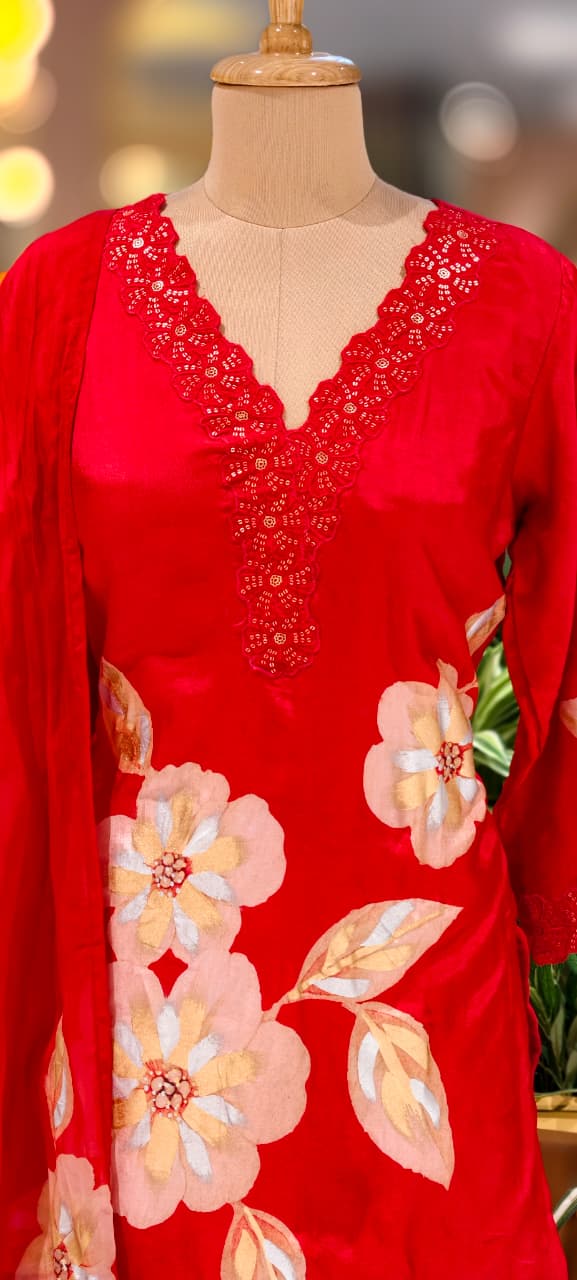 Floral Patch With Cut-Work Neck Line Full Suit Set With Dupatta & Farsi Shalwar-13231(Loose Fit)