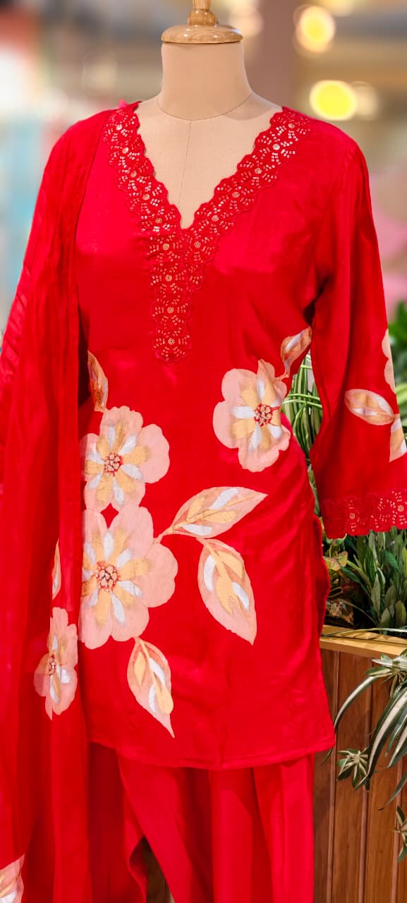 Floral Patch With Cut-Work Neck Line Full Suit Set With Dupatta & Farsi Shalwar-13231(Loose Fit)