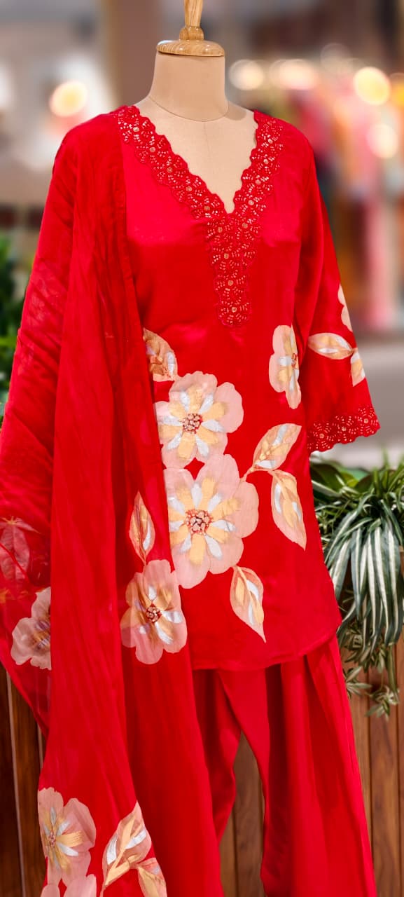Floral Patch With Cut-Work Neck Line Full Suit Set With Dupatta & Farsi Shalwar-13231(Loose Fit)