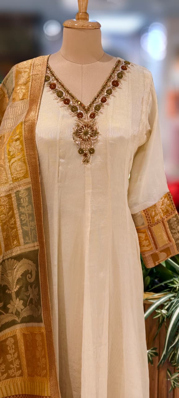 Banarasi Weavin Brocade Panel Anarkali Full Suit Set With Design Over Neck-13235