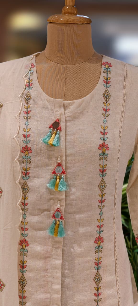 Pastel Contrasted Stripe Real Mirror Tasseled A-Line Full Suit Set With Dupatta In Linen Fabric-13234