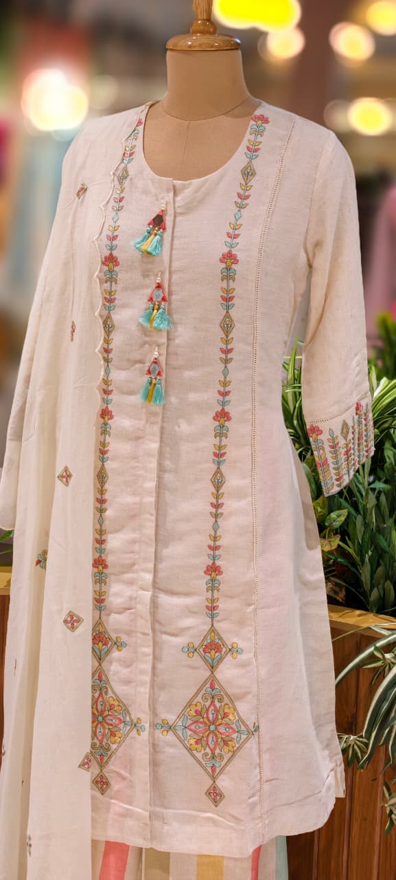Pastel Contrasted Stripe Real Mirror Tasseled A-Line Full Suit Set With Dupatta In Linen Fabric-13234