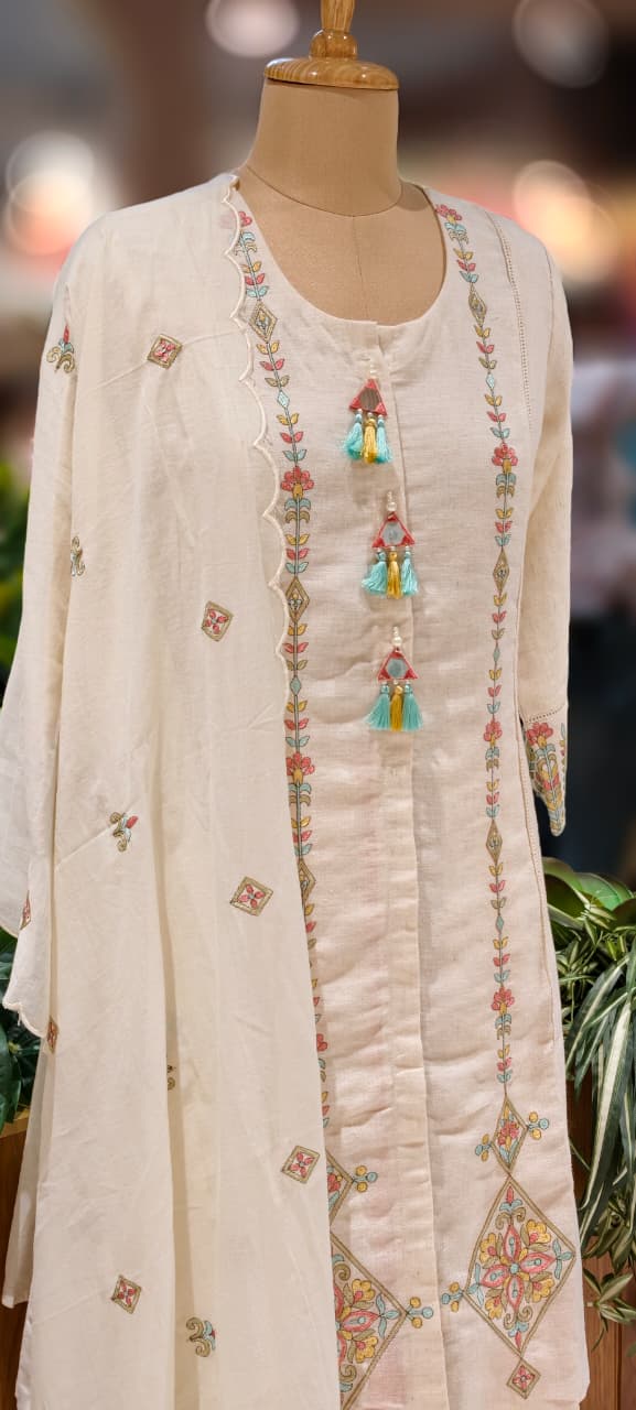 Pastel Contrasted Stripe Real Mirror Tasseled A-Line Full Suit Set With Dupatta In Linen Fabric-13234