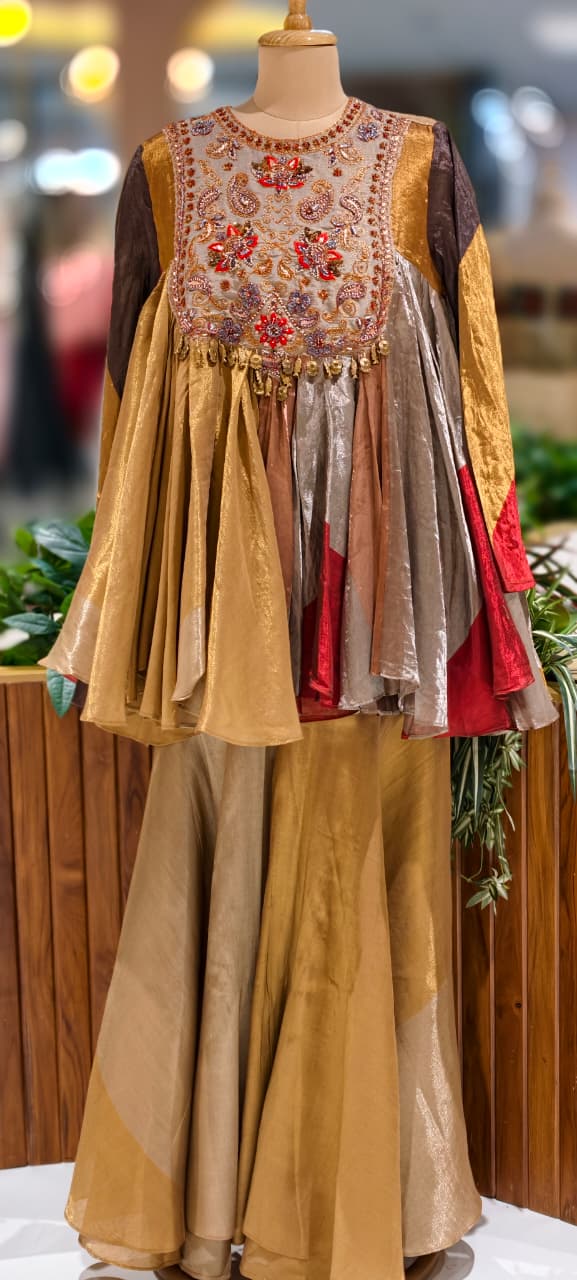 Premium Tissue Luxury Flared Peplum Style Zardosi Kurta With Tapered Palazzo Bottom