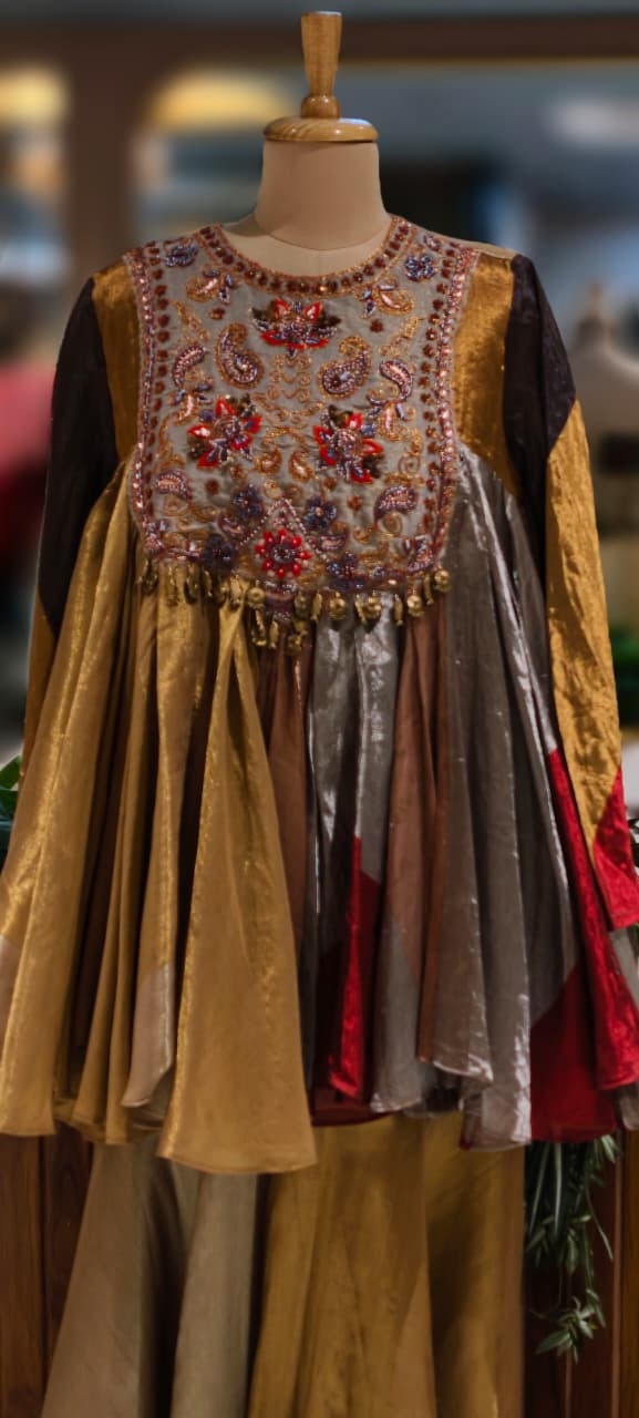 Premium Tissue Luxury Flared Peplum Style Zardosi Kurta With Tapered Palazzo Bottom