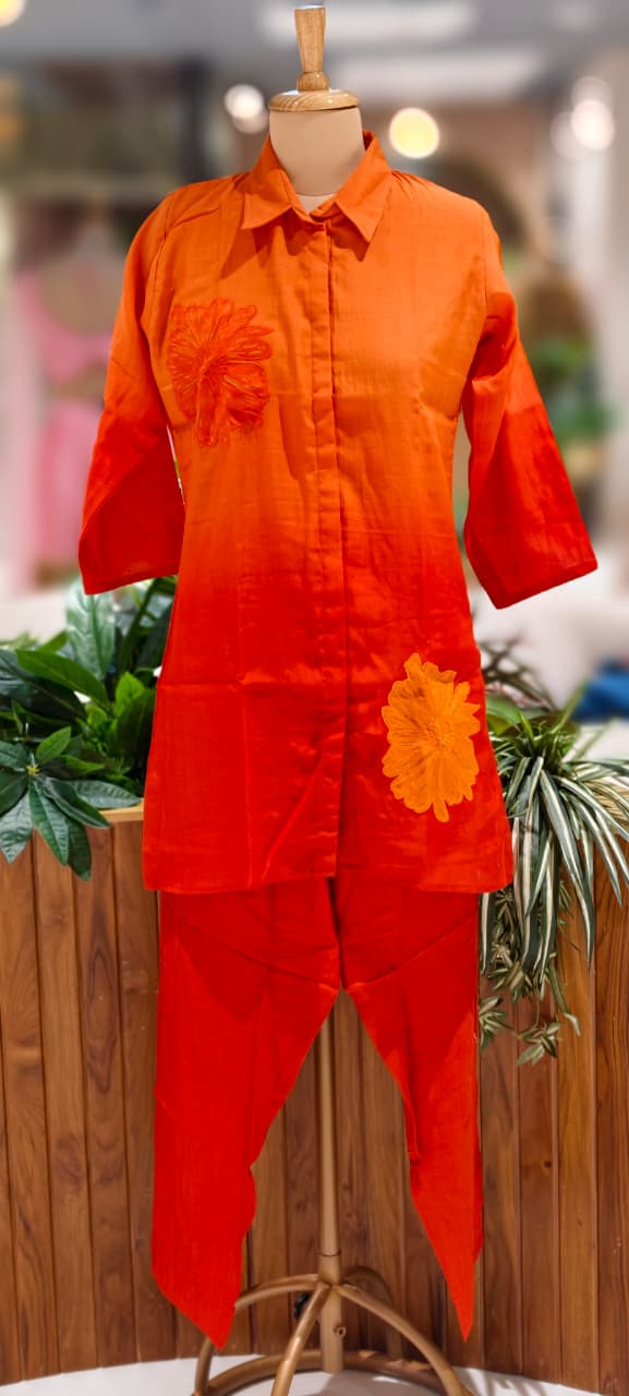 Floral Patched Look Embroidery Work Solid Ombre Shade Co-Ord Set-13270