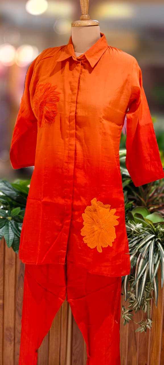 Floral Patched Look Embroidery Work Solid Ombre Shade Co-Ord Set-13270