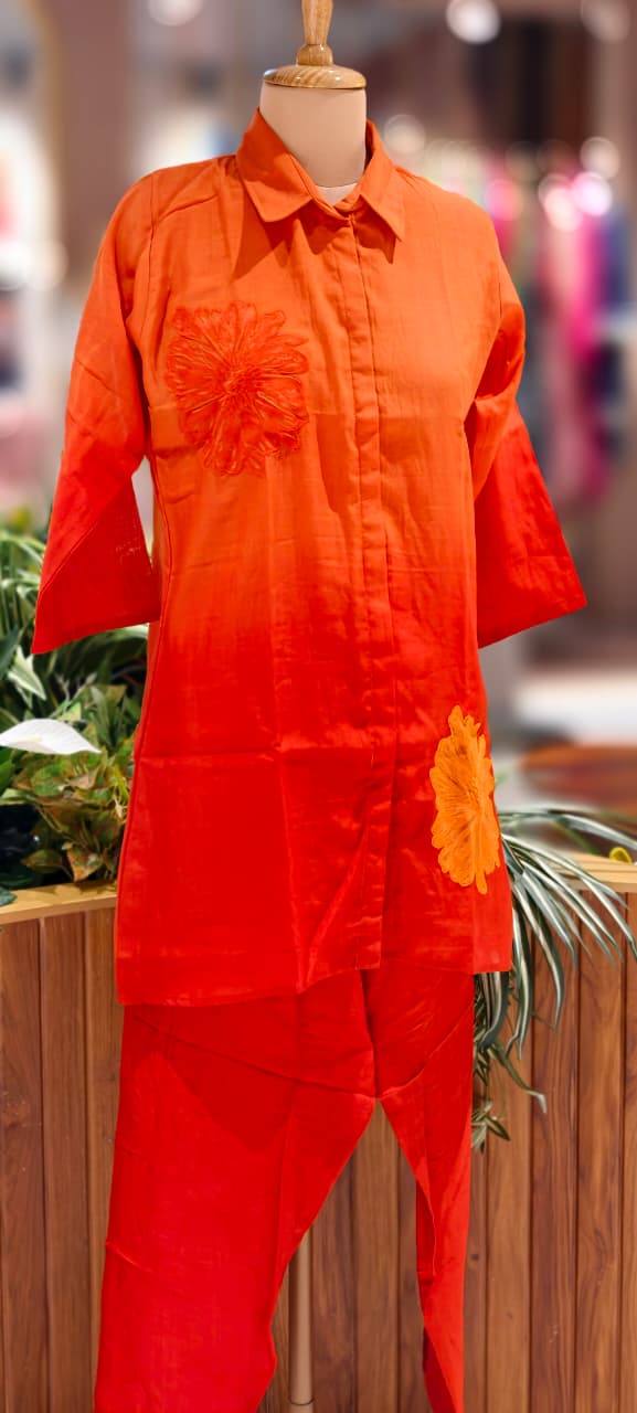 Floral Patched Look Embroidery Work Solid Ombre Shade Co-Ord Set-13270