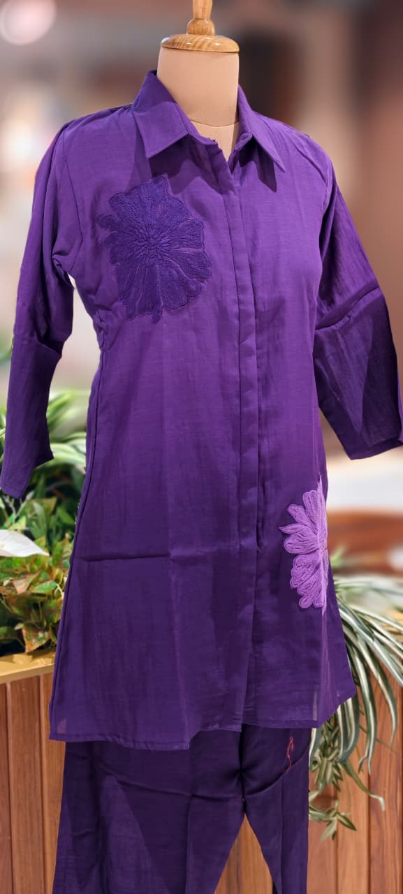 Floral Patched Look Embroidery Work Solid Ombre Shade Co-Ord Set-13270