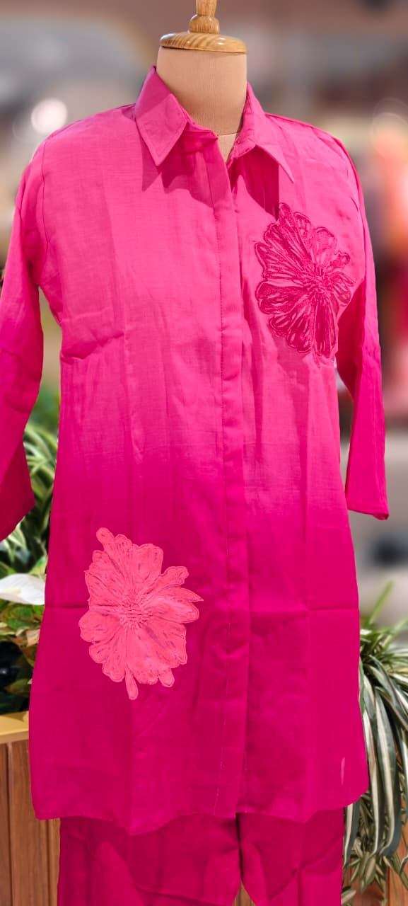 Floral Patched Look Embroidery Work Solid Ombre Shade Co-Ord Set-13270