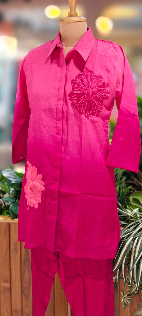 Floral Patched Look Embroidery Work Solid Ombre Shade Co-Ord Set-13270