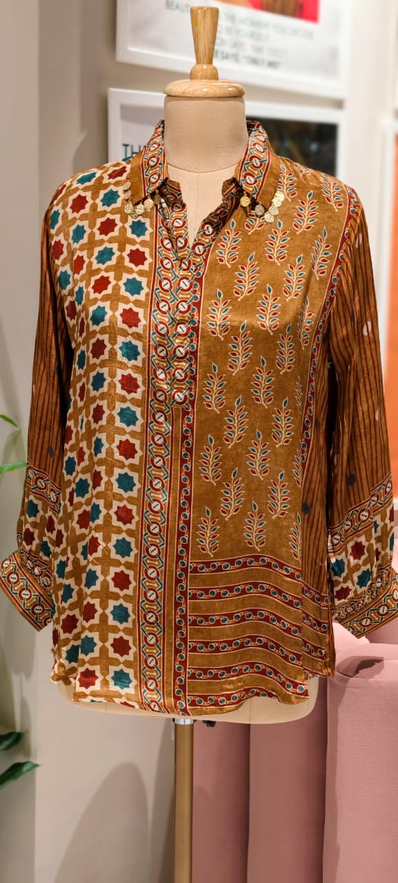 Mustard Elegance Ajrakh Print Crepe Shirt Only-13214