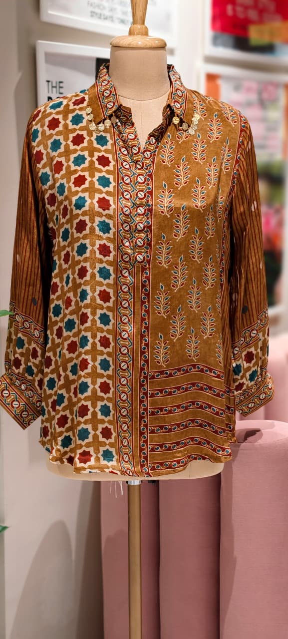 Mustard Elegance Ajrakh Print Crepe Shirt Only-13214
