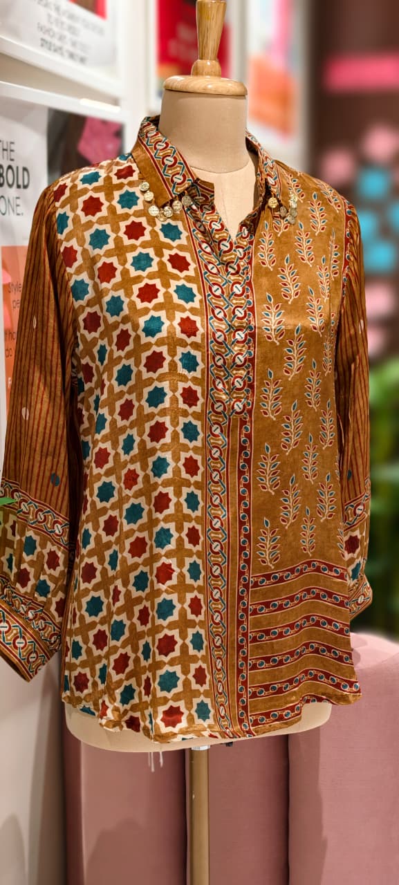 Mustard Elegance Ajrakh Print Crepe Shirt Only-13214