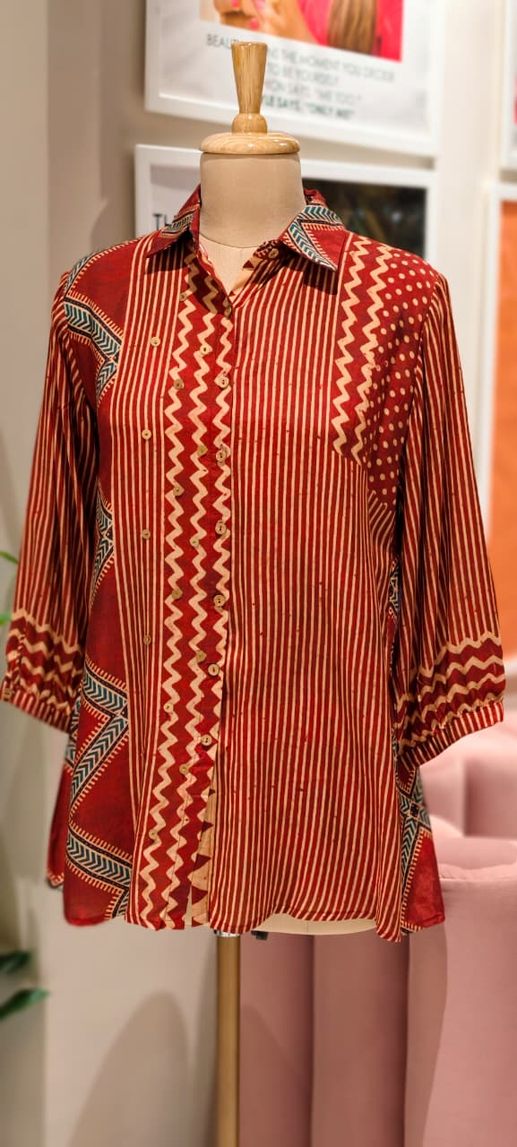 Uniquely Ajrakh Multi Printed Shirt Only In Muslin Fabric-13214