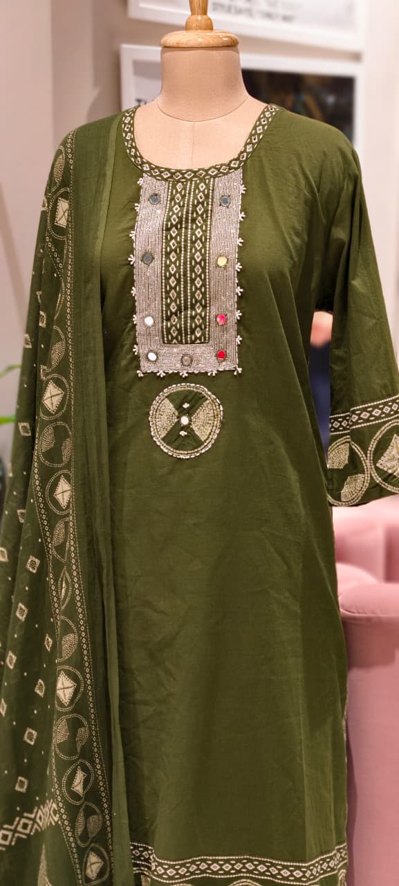 Mirror Work With Thread Embroidery & Printed Cotton Full Suit Set With Dupatta-13322