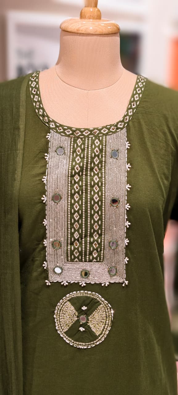 Mirror Work With Thread Embroidery & Printed Cotton Full Suit Set With Dupatta-13322