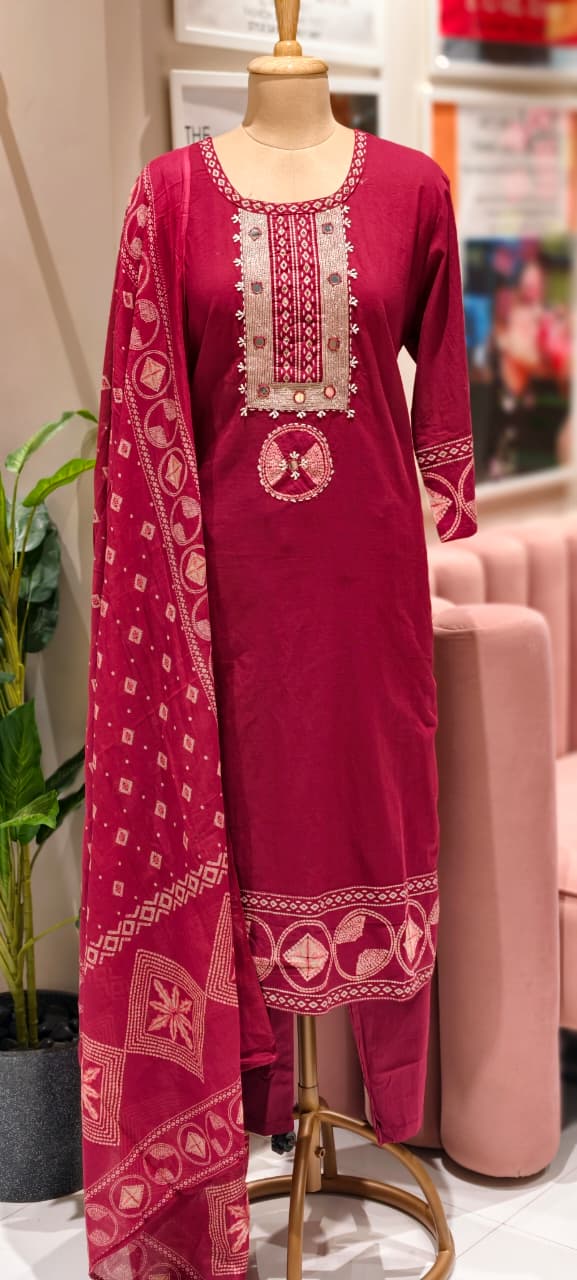 Mirror Work With Thread Embroidery & Printed Cotton Full Suit Set With Dupatta-13322