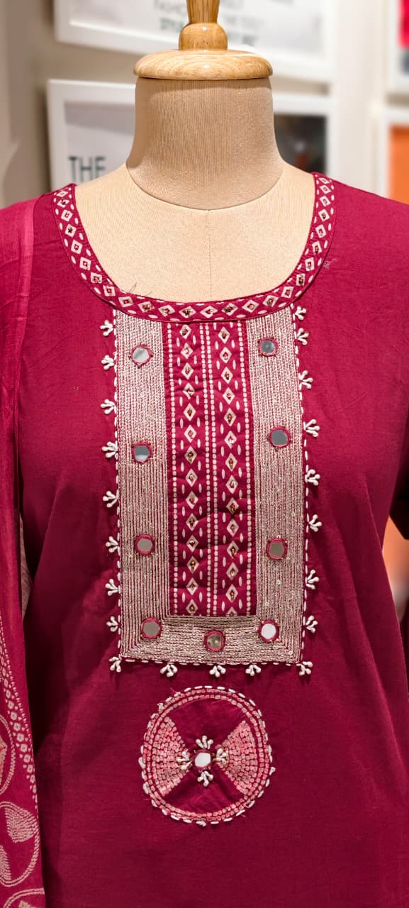 Mirror Work With Thread Embroidery & Printed Cotton Full Suit Set With Dupatta-13322