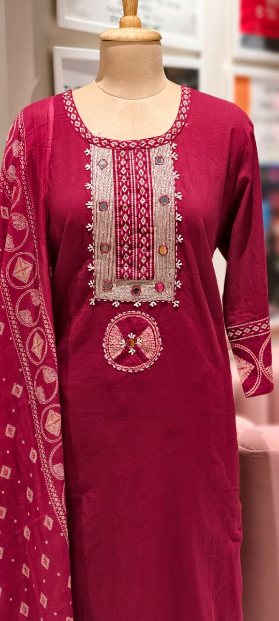 Mirror Work With Thread Embroidery & Printed Cotton Full Suit Set With Dupatta-13322