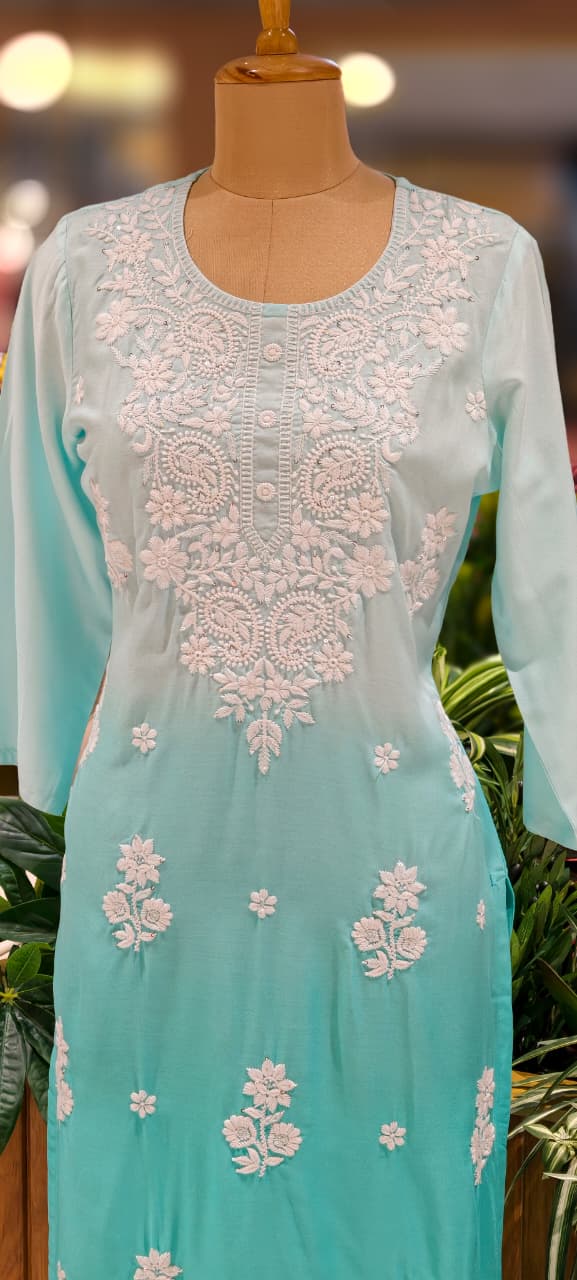 Dual Tone Pure Chikankari Work Cotton Kurti Only- 13271