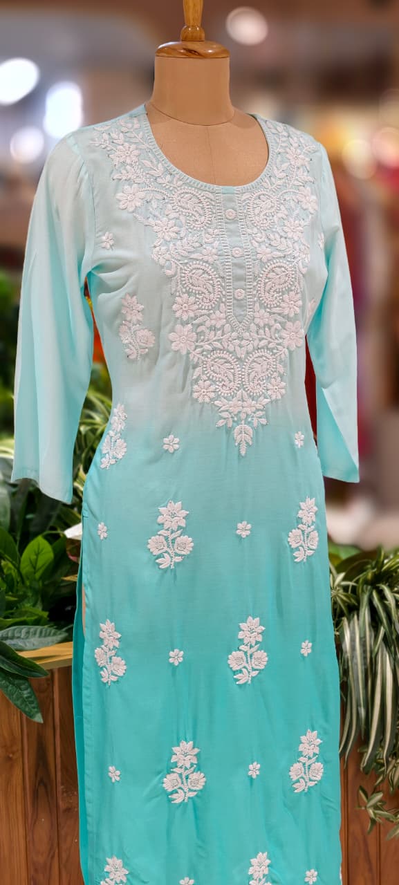 Dual Tone Pure Chikankari Work Cotton Kurti Only- 13271