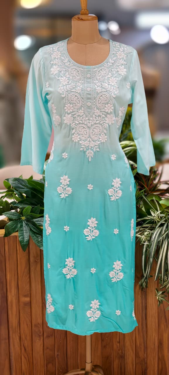 Dual Tone Pure Chikankari Work Cotton Kurti Only- 13271