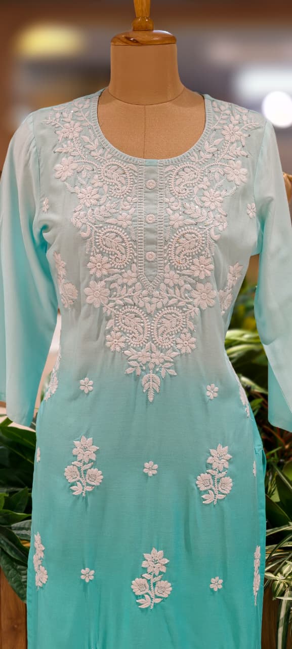 Dual Tone Pure Chikankari Work Cotton Kurti Only- 13271