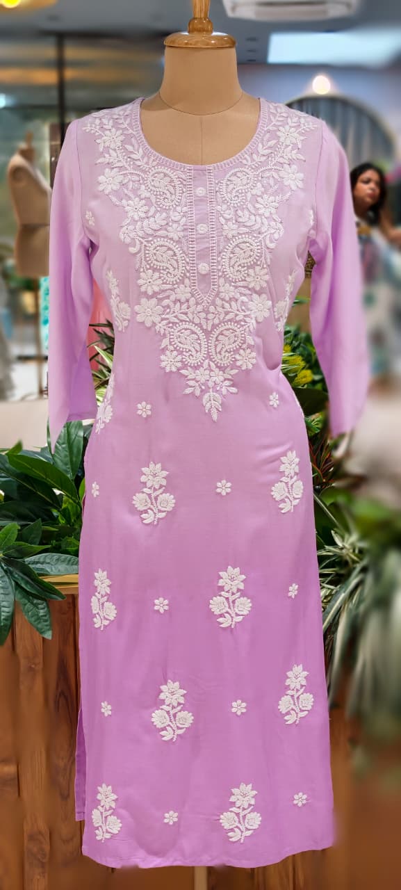 Dual Tone Pure Chikankari Work Cotton Kurti Only- 13271