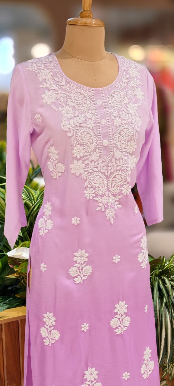 Dual Tone Pure Chikankari Work Cotton Kurti Only- 13271