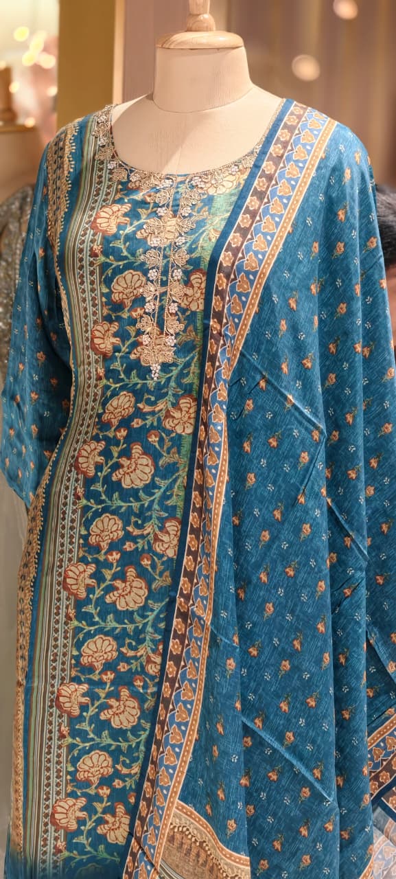 Royal Teal Olive Ajrakh Print Full Suit Set With Dupatta In Gajji Silk Fabric- 13289