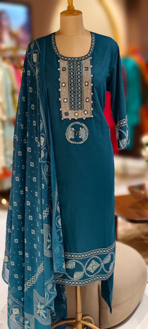 Mirror Work With Thread Embroidery & Printed Cotton Full Suit Set With Dupatta-13322