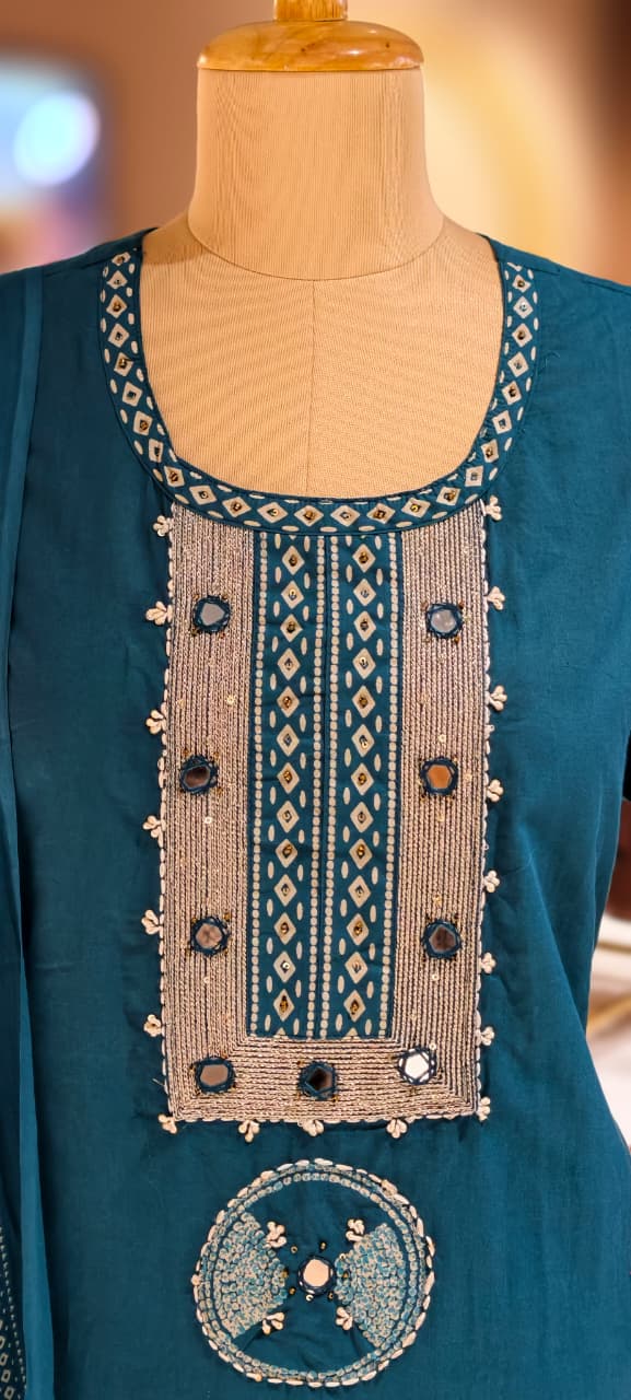 Mirror Work With Thread Embroidery & Printed Cotton Full Suit Set With Dupatta-13322