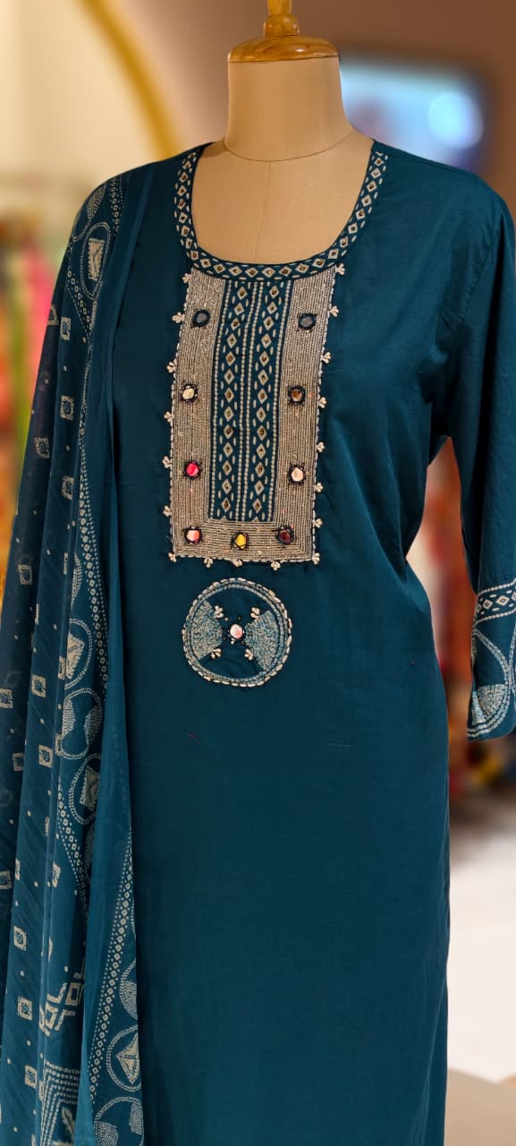 Mirror Work With Thread Embroidery & Printed Cotton Full Suit Set With Dupatta-13322