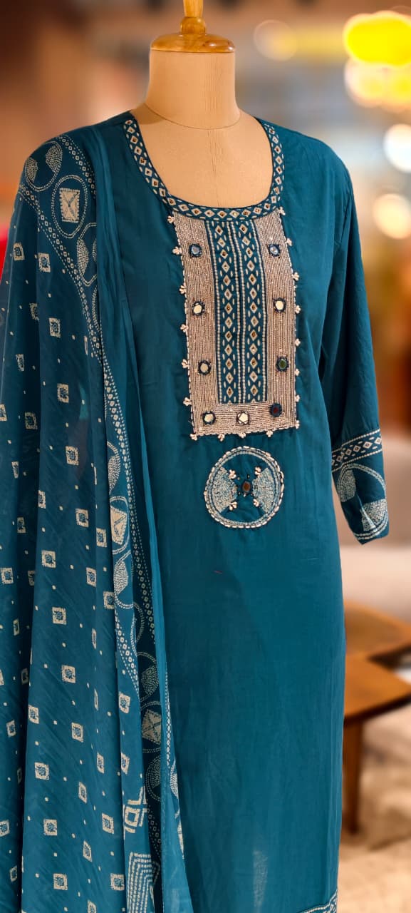 Mirror Work With Thread Embroidery & Printed Cotton Full Suit Set With Dupatta-13322