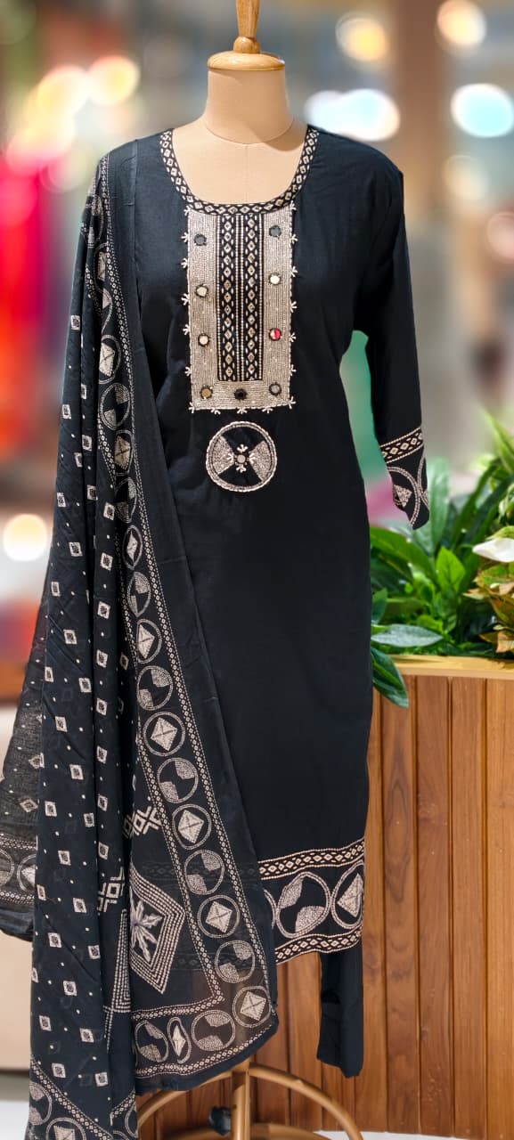 Mirror Work With Thread Embroidery & Printed Cotton Full Suit Set With Dupatta-13322