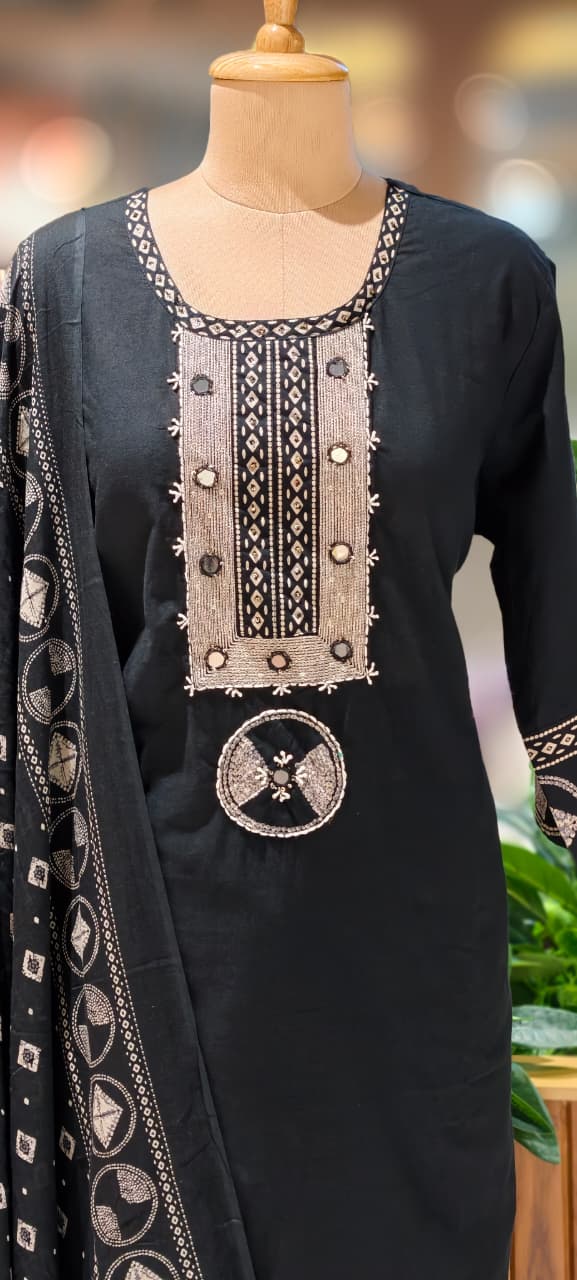 Mirror Work With Thread Embroidery & Printed Cotton Full Suit Set With Dupatta-13322