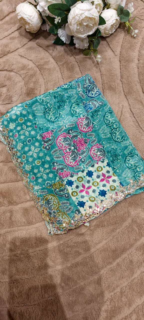 Dreamy Ethereal Aqua Multi Floral Printed Saree With Unstitched Blouse- 13343